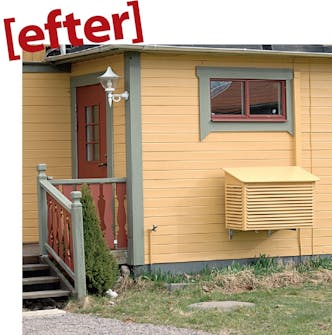 Luftvarmepumpen er gemt væk med en varmepumpeskjuler Luftvarmepumpen er gemt væk med en hjemmebygget varmepumpeskjuler